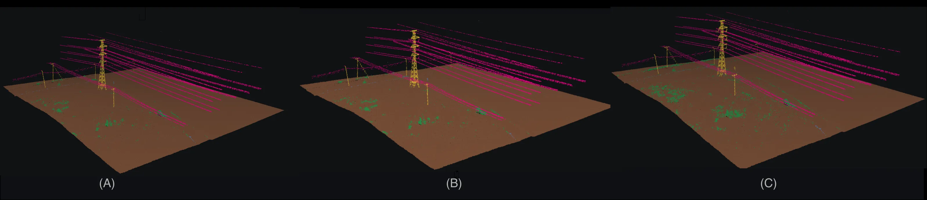 Three tiles of aerial LiDAR with poles and wires segmented
