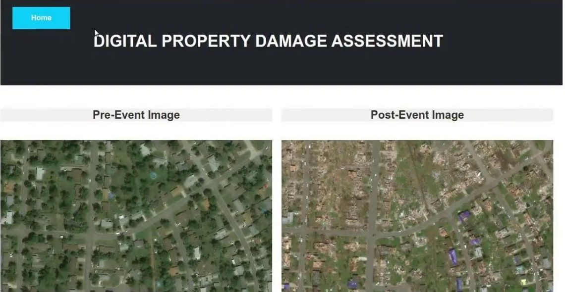 The web app: a dark header reading Digital Property Damage Assessment, with the pre-event and post-event images side by side