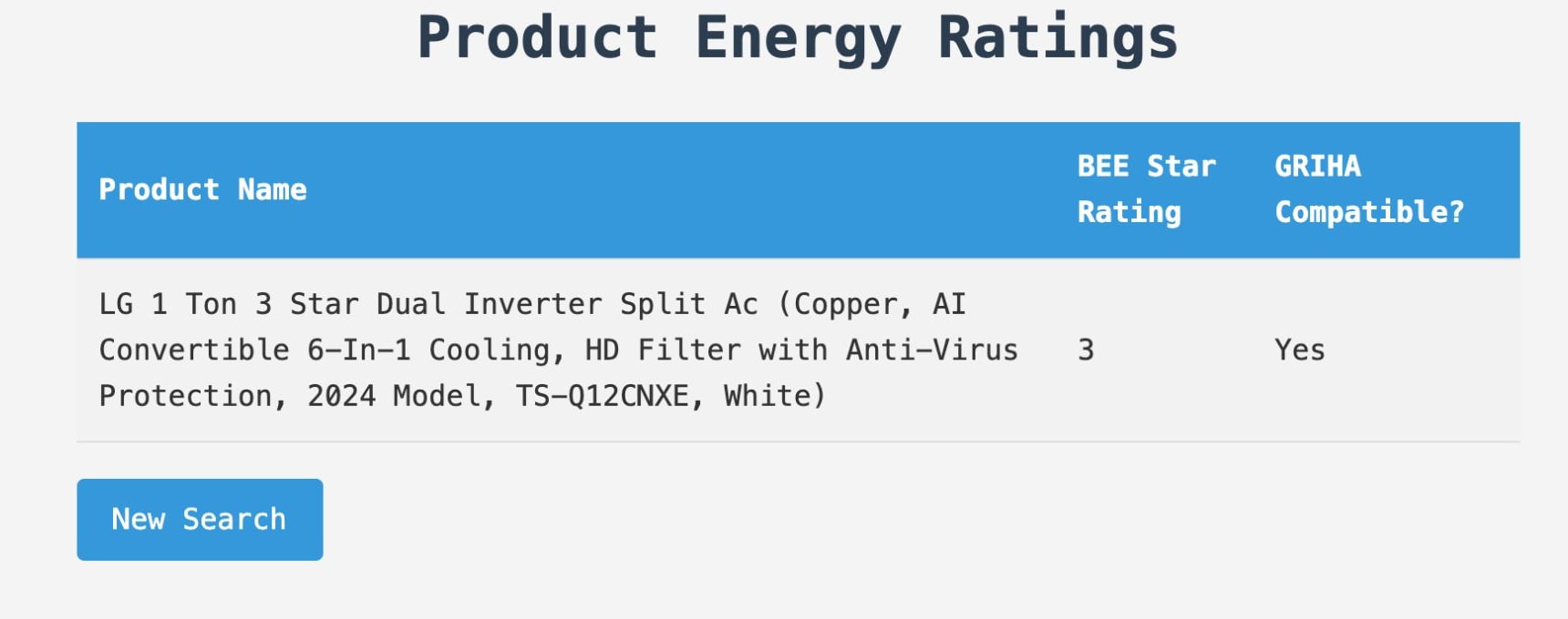 Result table: product name, BEE star rating 3, GRIHA compatible: yes