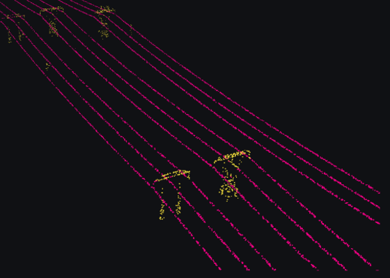 Same tile at 5 points per square metre, model trained across densities: wires and poles intact