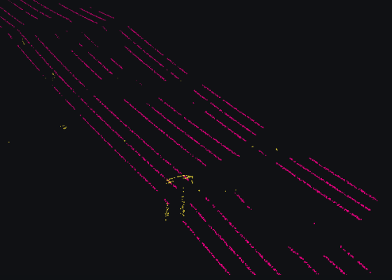 Same tile at 5 points per square metre, model trained at full density only: wires break up, poles vanish