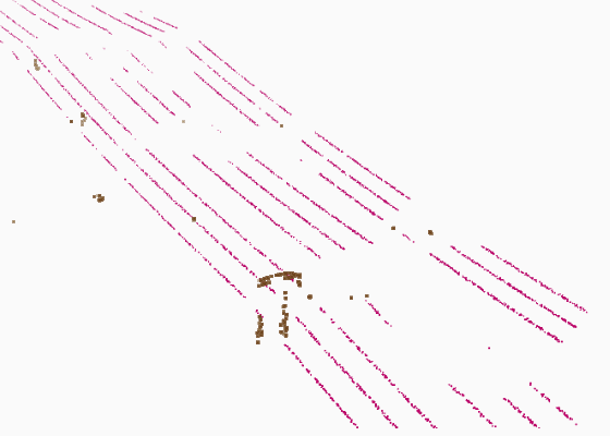 Same tile at 5 points per square metre, model trained at full density only: wires break up, poles vanish