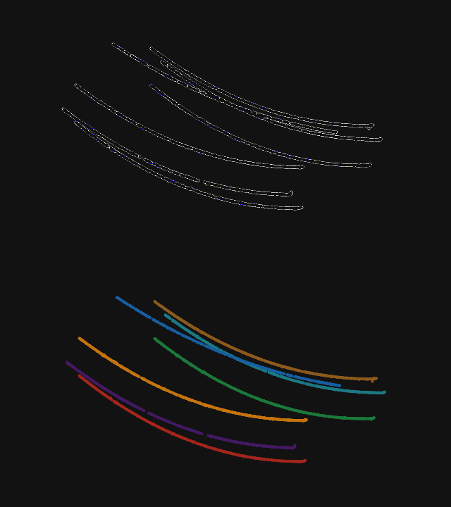 A span of seven transmission wires: raw above, separated into one colour per wire below