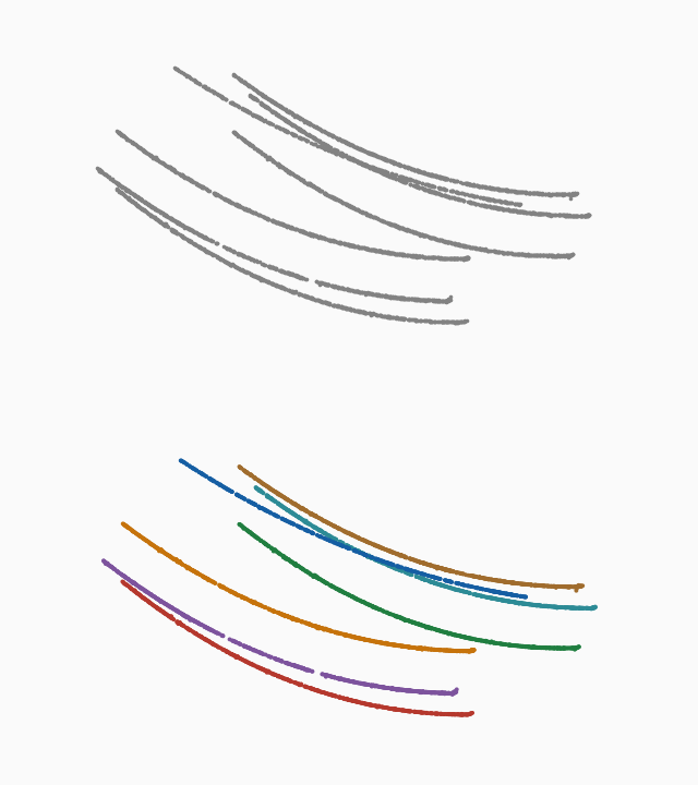 A span of seven transmission wires: raw above, separated into one colour per wire below